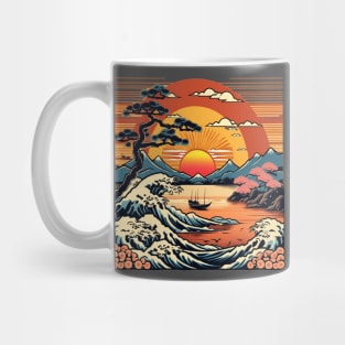 Japanese sunset boat peaceful orange design Mug